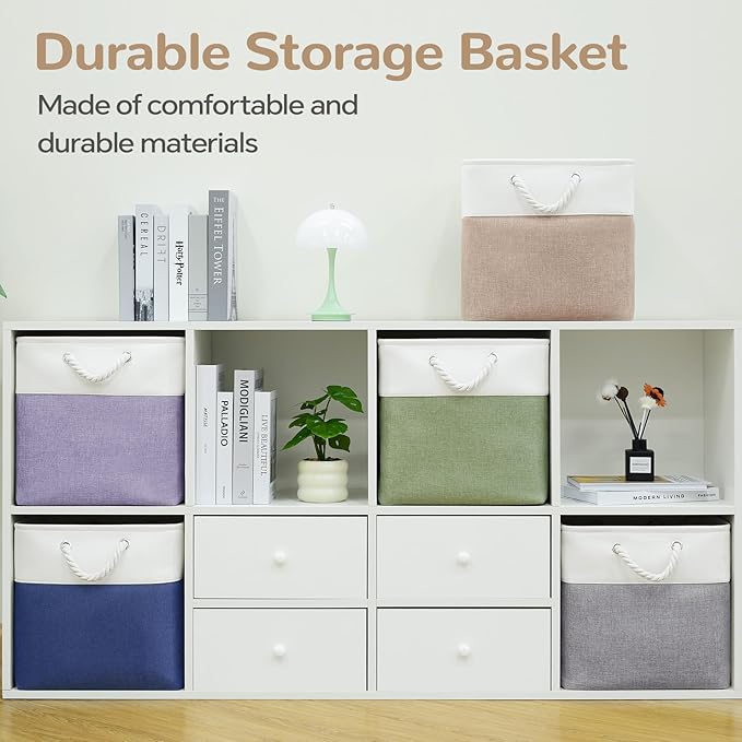 13 x 13 Inch Cube Storage Bins, 6 Pack Fabric Storage Basket with Handles, Foldable Boxes Organizer for Shelf Baskets for Home, Clothes (White/Khaki)