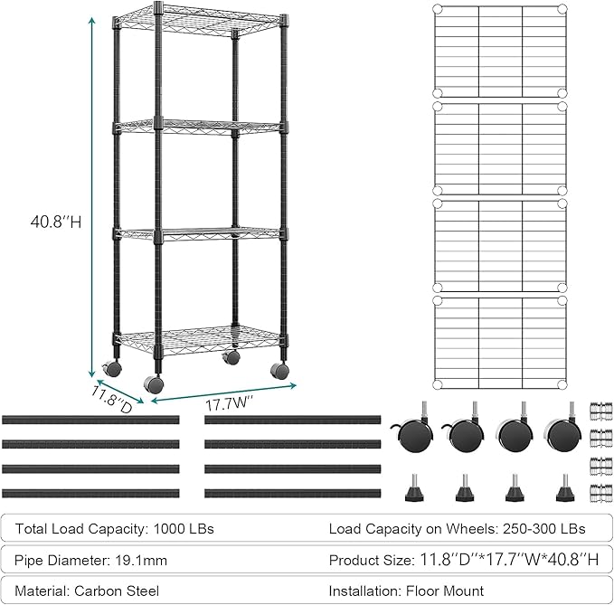 M MZG 4-Shelf Adjustable Heavy Duty Steel Wire Rack, Adjustable Storage Shelving Unit with Wheel for Kitchen, Garage, Laundry Black 11.8" D x 17.7" W x 40.8" H