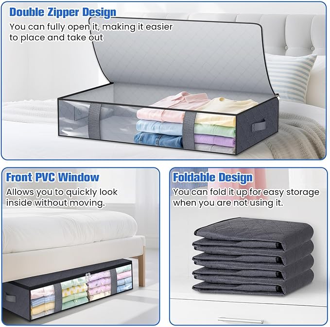 TasticTotes Under Bed Storage Containers, 2 Pack Blanket Storage Bags, Collapsible Storage Bags with Big Zippers, Clear Front, Shoe Storage and Organization for Clothes, Comforter, 75L, Grey