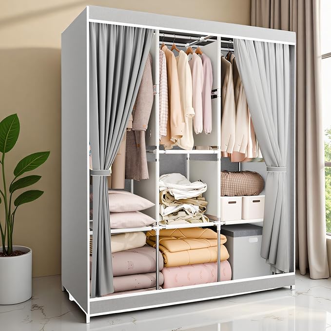 BAOKALER Portable Closet for Hanging Clothes 67 Inch Wide Large Capacity Portable Wardrobe Closet with Cover, Storage Shelves and 3 Hanging Rod, Gray Wardrobe Closet Easy to Assemble and Strong