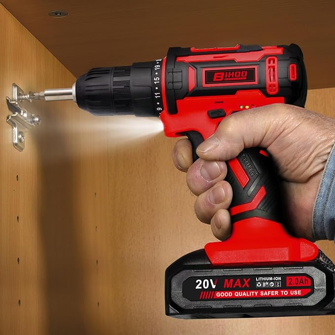 Cordless Drill Set,20V Drill Driver with Battery and Charger,3/8-Inch Keyless Chuck, Variable Speed,with Drills Bits Set,Red