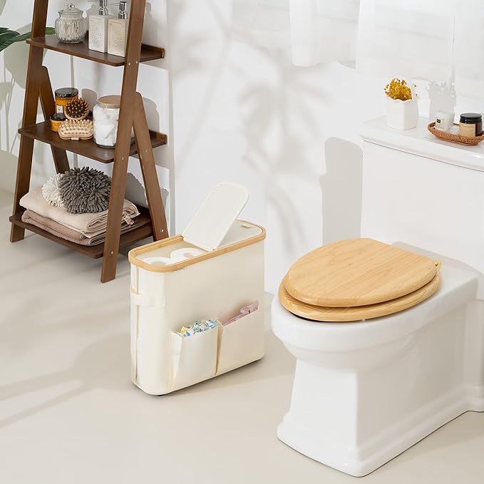 StorageWorks Toilet Paper Storage Baskets with Dual Flip Lids, Toilet Paper Organizer for Bathroom, Toilet Paper Container with Side Pocket, Holds 9 Mega or 12 Regular Rolls, Medium, Beige