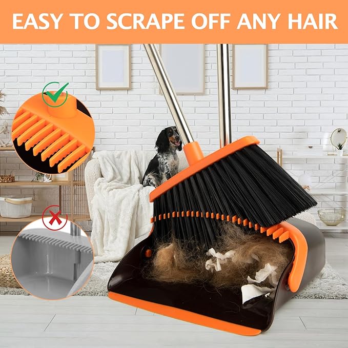 2-Pack Broom and Dustpan Set with Long Handle, Heavy Dust Broom and Dustpan Combo for Home，Kitchen, Office, Pet Hair (Brown Orange)