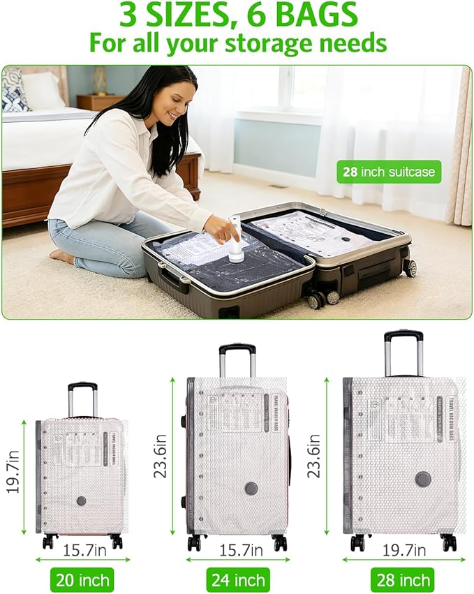 Travel Vacuum Storage Bags, Vacuum Seal Bags for Clothing with Rechargeable Air Pump, 6 Pack Combo Portable Space Saver Bags for Clothes, Luggage, Suitcase, Seasonal Storage, Travel