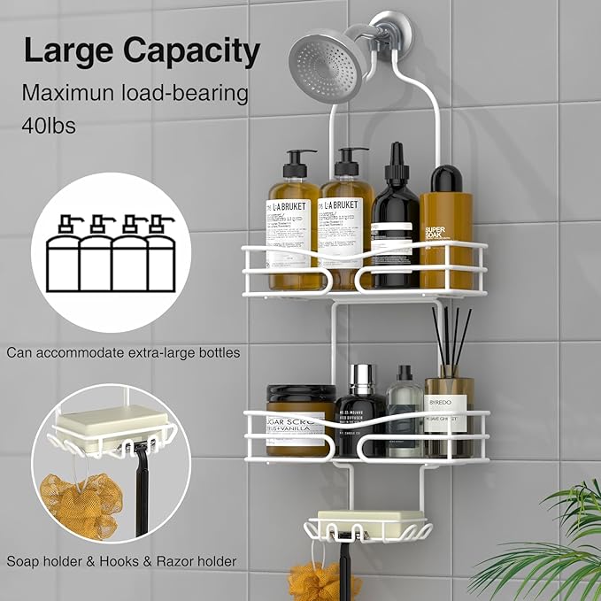 DAOYA Over Head Shower Caddy - Bathroom Shower Organizer with Soap Holder & 6 Hooks for Towels, White, 76L Capacity, Hanging Mount, Rust Resistant