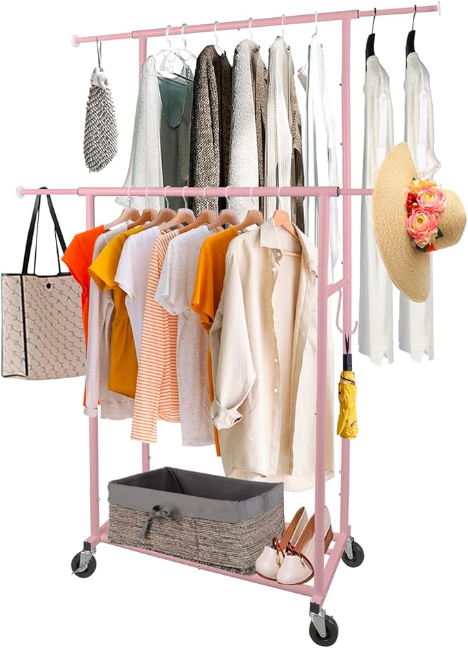 Fishat Portable Pink Double Rods Garment Clothes Rack for Drying with Rolling Clothes Organizer on Lockable Wheels Mobile for Girls Women, 48"W x 15"D x 67"H, Metal Simple Hanging Clothes with 2 Hook