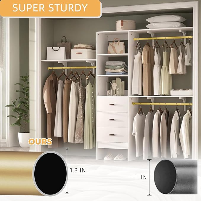 1.3 Inch Diameter Closet Rods for Hanging Clothes 17-100 Inch Adjustable, Metal Heavy Duty Closet Pole, Gold Closet Bar for Hanging Clothes, Suitable for Closet, Wardrobes, Bathroom, Windows