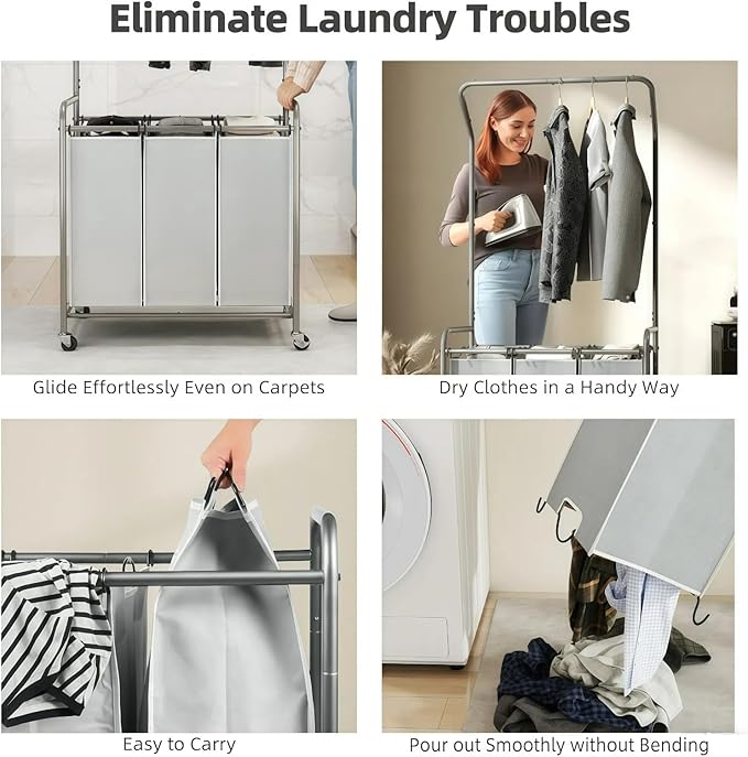 ROMOON Laundry Sorter Hamper with Hanging Bar, 3 Section Rolling Laundry Cart with Clothes Rack & Heavy-Duty Lockable Wheels, Divided Laundry Basket Organizer for Apartment & Small Spaces (130L Grey)