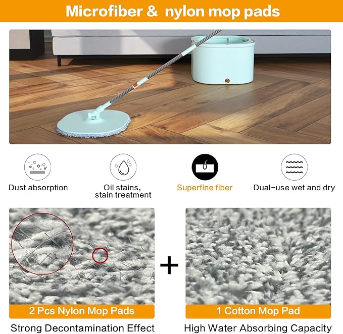 Flat Floor Mop and Bucket System Set with Wringer, Spin Mop and Bucket Separate Clean and Dirty Water with Self Separation for Hardwood, Laminate, Tile, Floor Cleaning, Wet and Dry Use, LightCyan