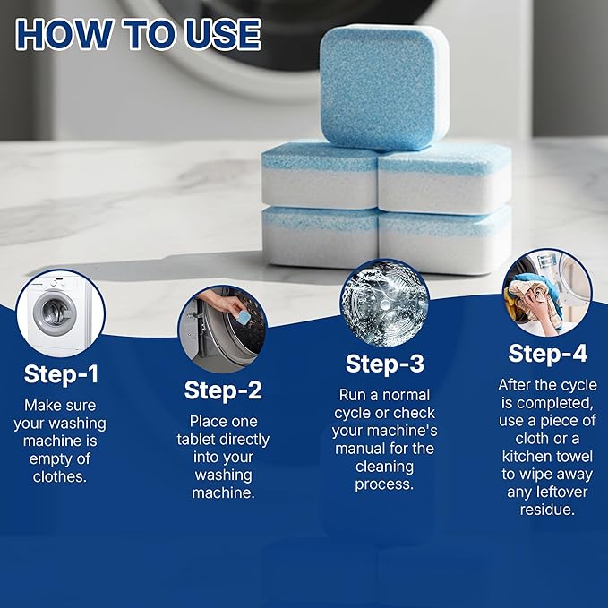 Washing Machine Cleaner Tablets – 24-Pack Deep Cleaning & Descaler for HE, Front Load & Top Load washer cleaner tablets, Septic-Safe, 12-Month Supply