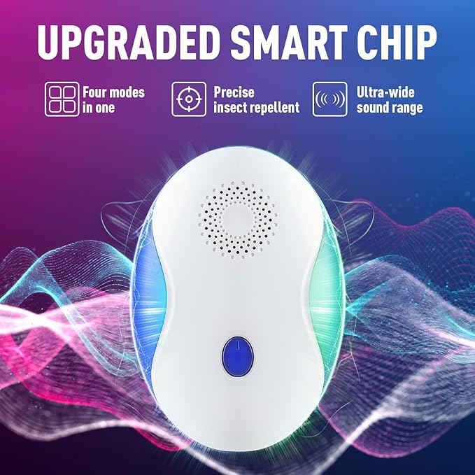 Ultrasonic Pest Repellent for Indoor Use, 4-in-1 Electronic Pest Control for Mice Insects Spiders Rodents Bug Cockroach, Advanced Chip Insect Repeller with Night Light, White (4 Pack)