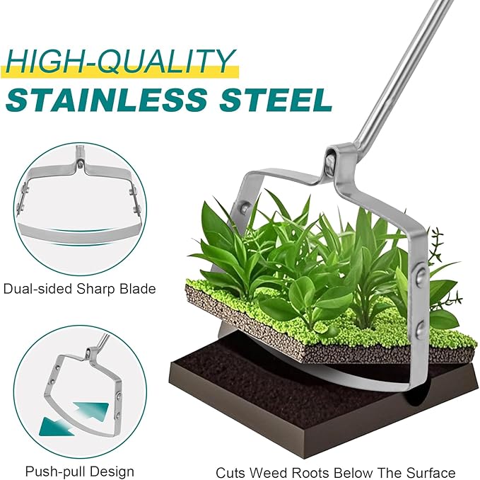 Berry&Bird Mini Hula Weeding Hoe 17.3''Stirrup Hoe Stainless Steel Weed Puller Tool Gardening Action Scuffle Loop Hoes Garden Tools with Wooden Hand Weeder Cultivator Cutting Roots Loosening Soil