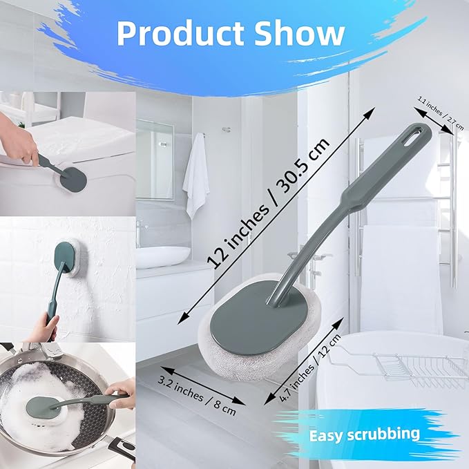 Long Handle Sponge Scrub Bathroom Brush, Sponge Cleaning Brush with Handle Large Wall Scrubber Shower Long Handle Brushes for Tableware, Kitchen, Toilet, Bathroom Cleaning Tool Accessories Gray-Green