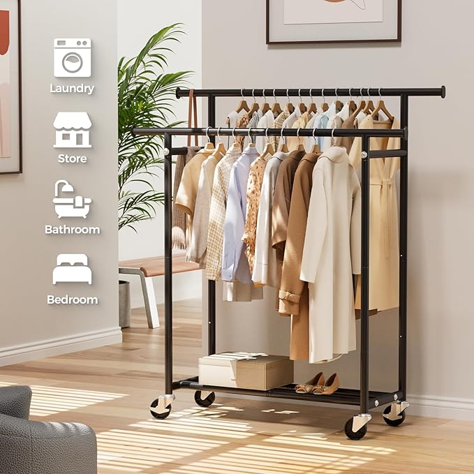 HYSEYY Clothes Rack, Double Rods Rolling Clothing Rack for Hanging Clothes, Portable Garment Rack with Wheels, Coat Rack Wardrobe Closet Load 240 LBS for Bedroom Laundry Room, Black