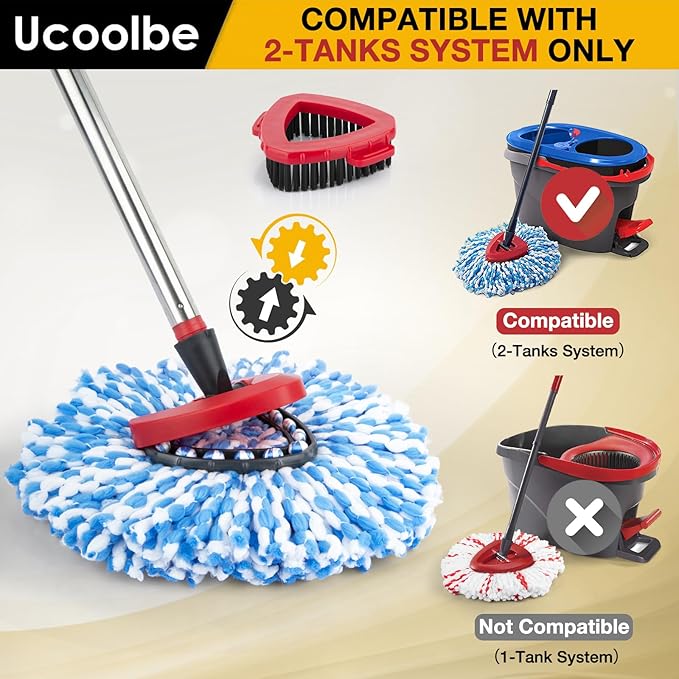 Spin Mop Replacement Head for O Cedar 2 Tank RinseClean, 4 Microfiber mop Refill, 1 Scrub Brush, 1 Mop Stick, 1 Mops Base, Deep Cleaning, 30" to 58" Mop Handle Replacement