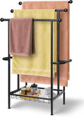 Haturi Free Standing Towel Rack for Bathroom, 3-Tier 39" H Black Metal Towel Drying Rack with Storage Basket, 24.4" L x 13" W x 39" H Rust-Resistant Outdoor Holder for Pool & Oversized Towels