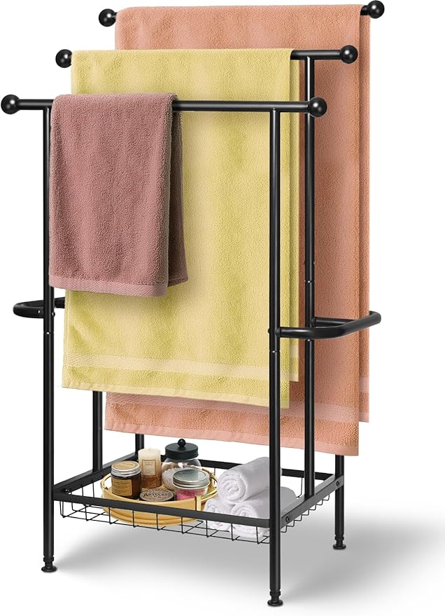 Haturi Free Standing Towel Rack for Bathroom, 3-Tier 39" H Black Metal Towel Drying Rack with Storage Basket, 24.4" L x 13" W x 39" H Rust-Resistant Outdoor Holder for Pool & Oversized Towels