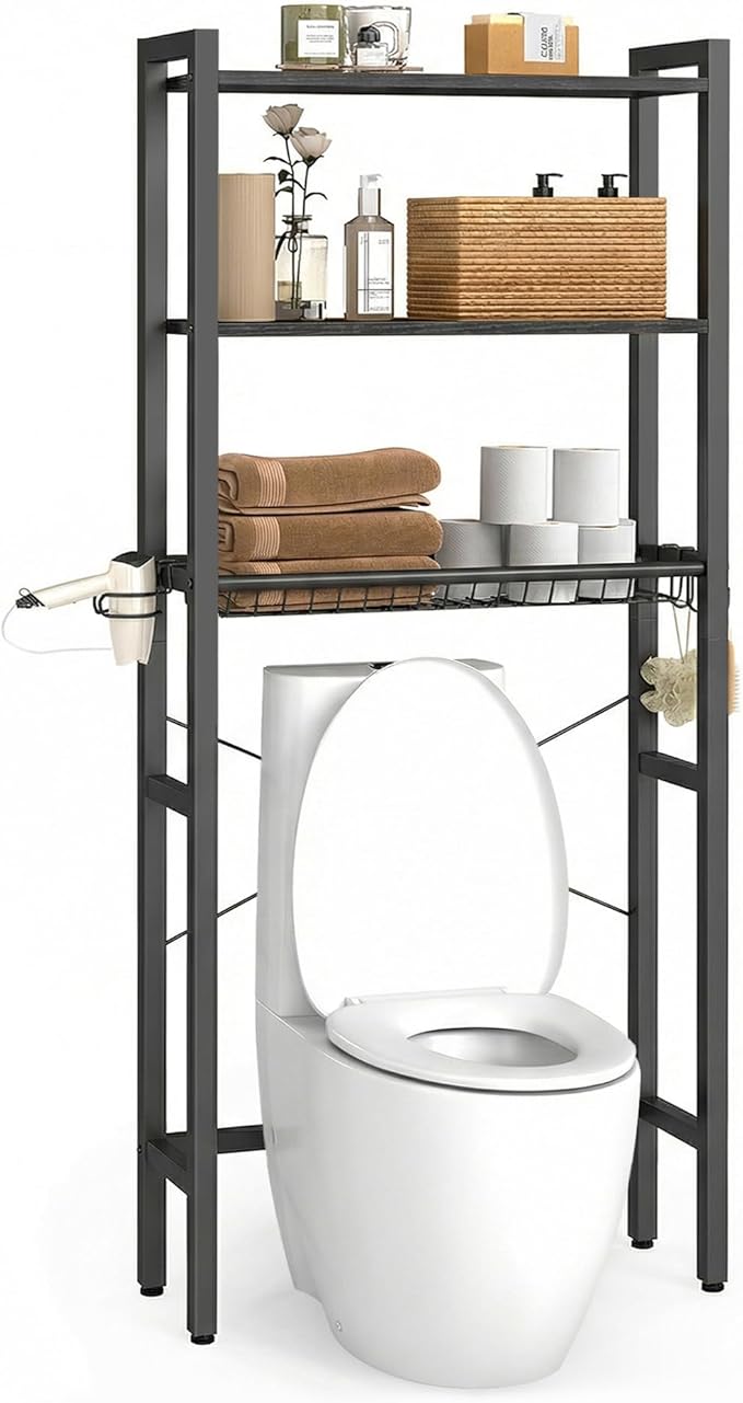 VASAGLE Over the Toilet Storage, Over Toilet Bathroom Organizer with Adjustable Shelves and Basket, 3 Hooks, Space Saving, 9.4 x 23.6 x 63 Inches, Ebony Black UBTS113BE01S
