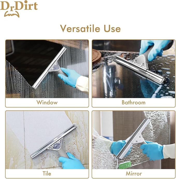 DrDirt Window Squeegee for Home, Stainless Steel, Durable, Ergonomic Non-Slip Handle, Replaceable Foam Rubber Blade, 14in Squeegee for Window Cleaning