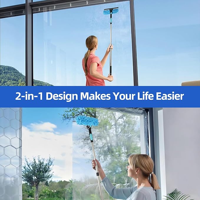 65'' Window Washing Kit with Extension Pole, 2-in-1 Window Cleaning Kit with Scrubber and Rotating Head, Window Cleaner Tool for Shower Rooms, Glass, Floors, Tiles, Walls, Car Windshields