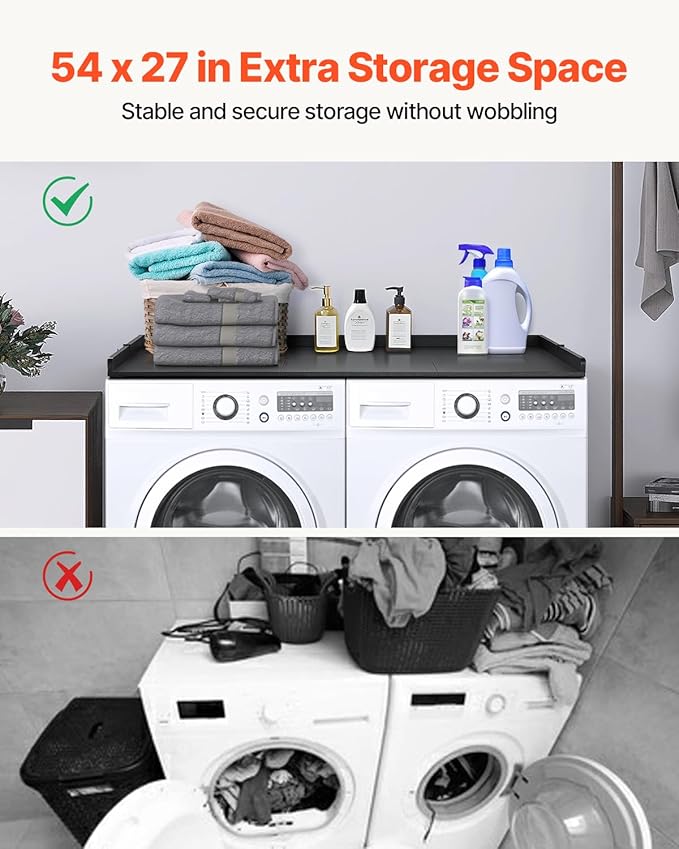 VEVOR Washer Dryer Countertop with 3 Splicing Panels, 54" x 27" Wooden Washer and Dryer Countertop with Non-Slip Pads, Water-Resistant Laundry Topper for Laundry Room Organization and Storage, Black