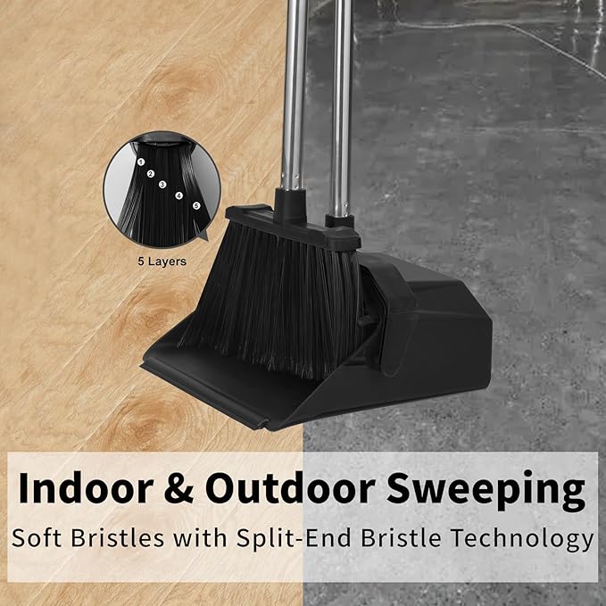 3-Pack Upright Broom with Dustpan Combo Set, Commercial Broom and Dustpan Set, Industrial Brooms and Dust Pan with Long Handle for Restaurant Kitchen Shop Warehouse Lobby Garage - Black