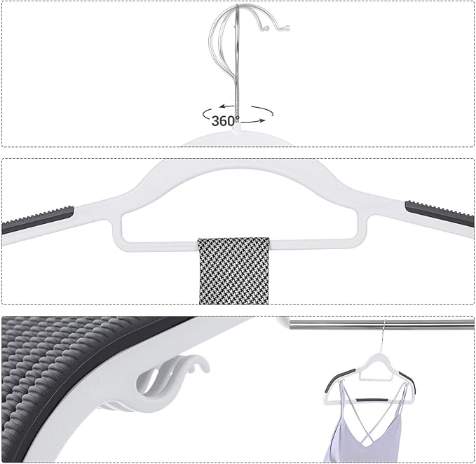 SONGMICS Pack of 30 Coat Hangers, Space-Saving Plastic Clothes Hangers, Non-Slip, 0.2 Inches Slim, 16.5 Inches Wide, 360° Swivel Silver Hook, White and Dark Gray UCRP20WG30