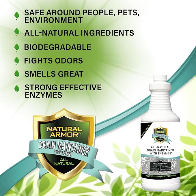 Natural Armor Enzyme Drain Maintainer - Quart Drain Cleaner with Natural Enzyme Power to Prevent Buildup & Odors - Safe for Sinks, Showers, Grease Traps & Septic - Non-Toxic Formula, 32 fl oz