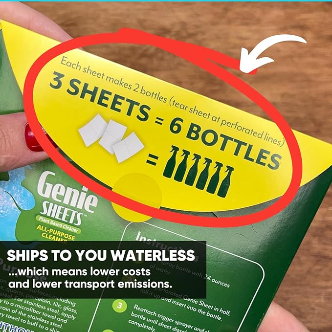 Genie Sheets All Purpose Cleaner | Concentrate Makes 6 24oz Refills | Professional-Strength | Just Add Water | Sustainable Eco-Friendly Plant-Based Solution | 6 Sheets