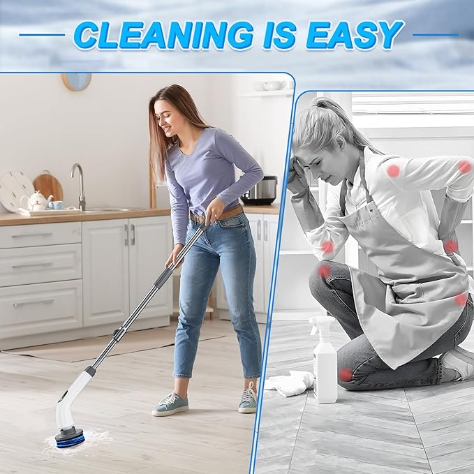 Electric Spin Scrubber, 550 RPM Cordless Home Cleaning Brush with Extended Handle, 3 Speeds, 8 Replacement Heads, IPX7 Waterproof, LCD Display – Power Shower Scrubber for Bathroom, Tub, Floor, Tile