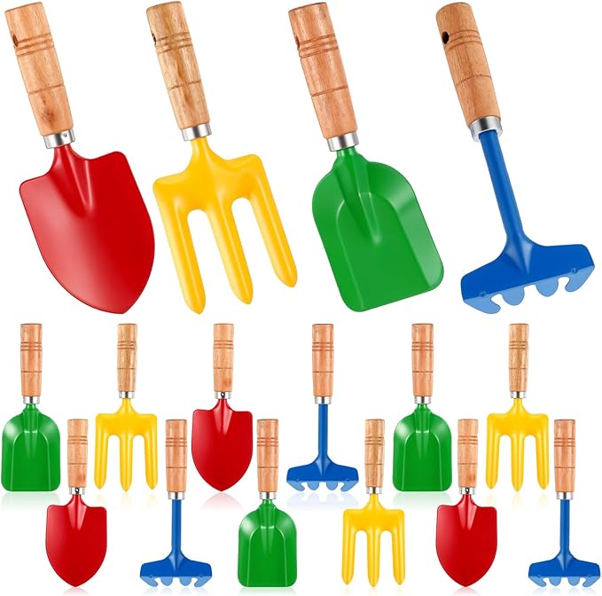 16 Pcs Gardening Tools Metal Garden Beach Sandbox Digging Including Shovel, Rake, Fork and Trowel, Garden Beach Sand Tools with Wooden Handle Hoe for Gift Outdoor Gardening