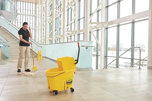 Rubbermaid Commercial Products WaveBrake 26 Qt. Side-Press Mop Bucket and Wringer Combo on Wheels, Yellow, for Professional/Industrial/Business Heavy-Duty Floor Cleaning/Mopping
