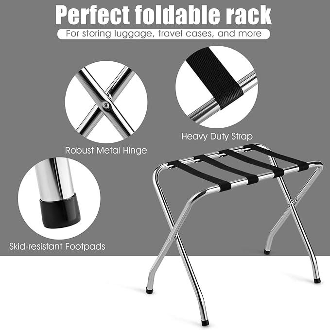 Tangkula Chrome Luggage Rack for Guest Room, No Assembly Required, Folding Metal Suitcase Stand with Nylon Belts, for Home Bedroom Guest Room Hotel, Luggage Rack, Silver (4)
