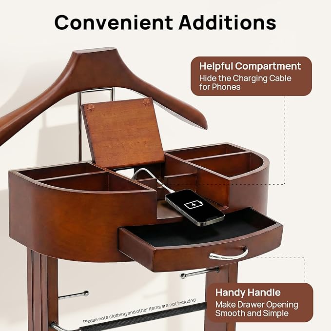 Wood Men Valet Stand with Drawer, Standing Suit Valet Stand, Clothes Organizer Rack for Home Entryway Living Room Bedroom Office, 22lbs Load Capacity(Brown)