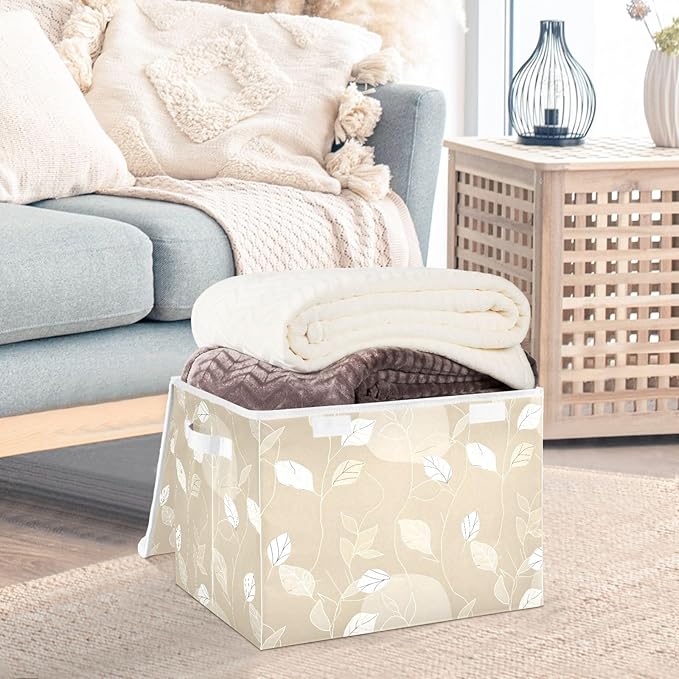 Large Storage Bins with Linen Collapsible Foldable Storage Cubes Fabric Closet Organizer Containers box with Flip-Top Lid for Home Bedroom Office 16.7 x 12.6 x 11.8in (White Line Leafs Ink Beige)