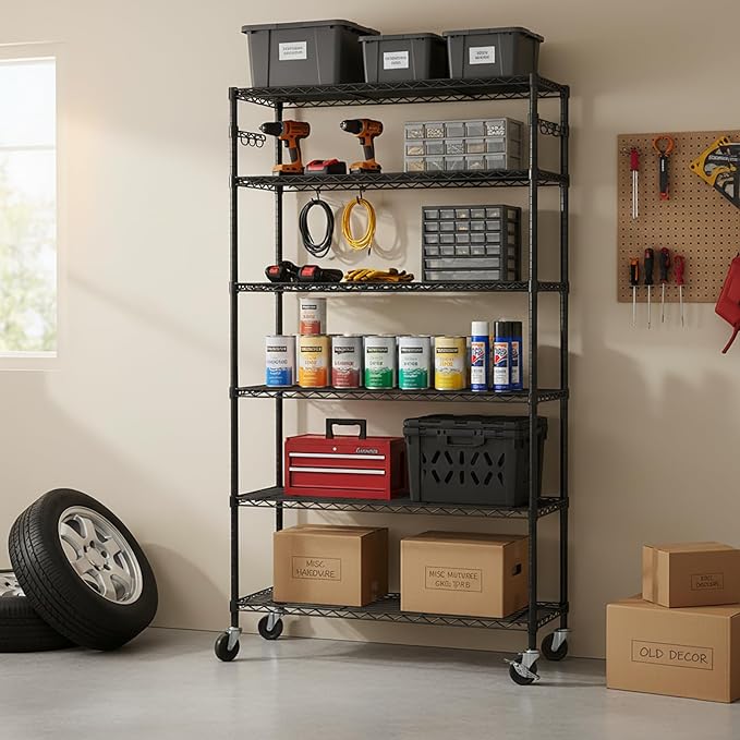 Folews 6-Tier Metal Storage Rack with Wheels, Sturdy Adjustable Wire Shelving Unit for Garage Kitchen Pantry Laundry Room, 36" W x 14" D x 75" H Large Rolling Organizer Shelf Easy Assembly, Black