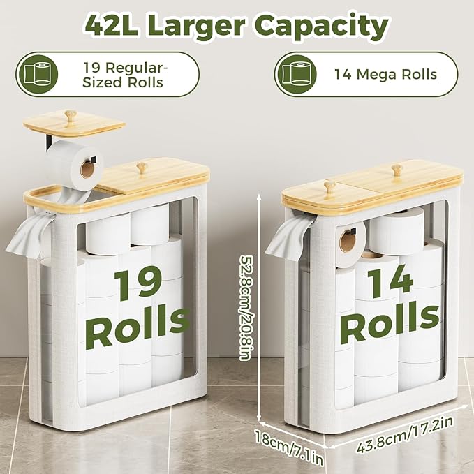 42L Toilet Paper Basket with Bamboo Lid, Toilet Paper Storage with Toilet Paper Holder & Non-Slip Mat for Bathroom Organizer, Holds up to 19 Regular Rolls or 14 Mega Rolls, Collapsible & Stackable