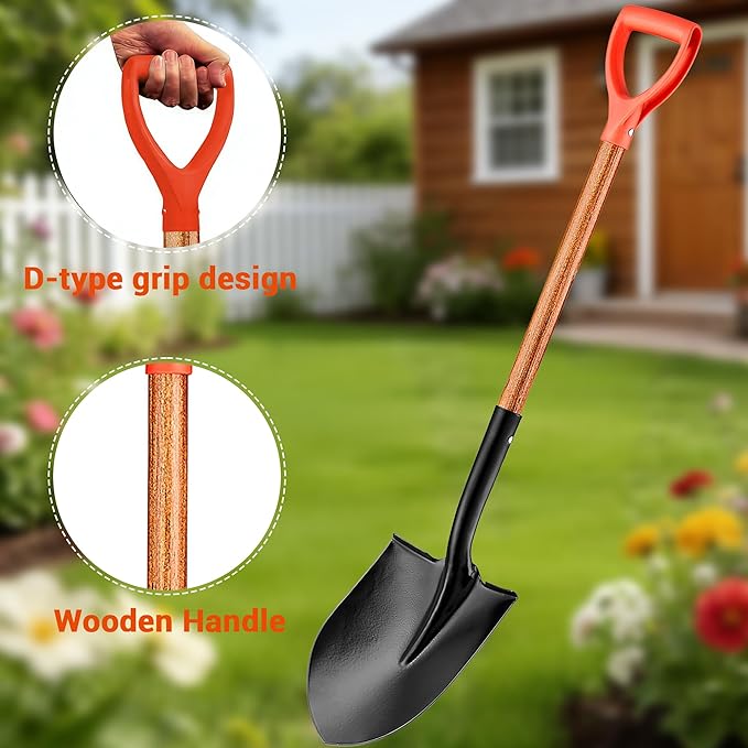 41" Round Shovel, Garden Tool with D-Handle, Shovel for Digging, Wooden Handel Garden Shovel,Beach Shovel, Car Snow Shovel