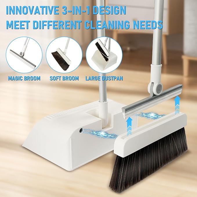 3-in-1 Magnetic Broom with Dustpan Combo Set, Broom and Dustpan Set with Silicone Broom, Upright Standing Dustpan Self-Cleaning Teeth for Home, Kitchen, Office, Hall Floor, Pet Hair