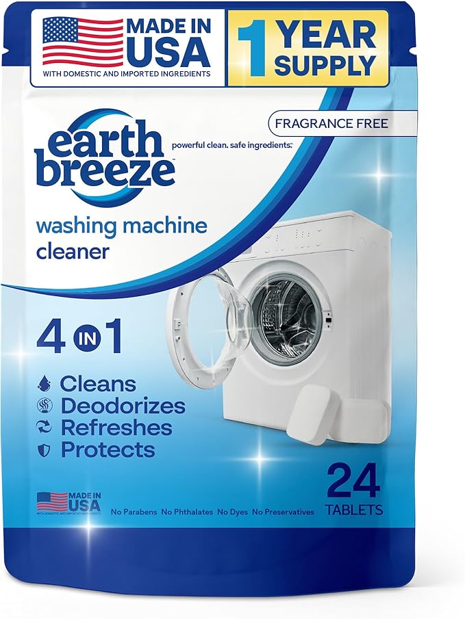 Earth Breeze Washing Machine Cleaner Tablets - 1 Year Supply - Deep Cleans, Removes Odors, Residue & Buildup - Front Load, Top Load & HE Washers - Fragrance-Free - No Harsh Chemicals - Made in USA