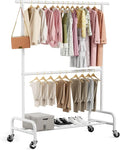 Abiglifty 2 Tier Clothes Rcks for Hanging Clothes, Heavy-Duty Clothing Rack with Wheels,150LBS Capacity, 42" W X15 D X 77" H Garment Rack with Bottom Shelf, for Bedroom, Living Room, White