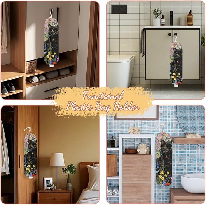 Flower Cat Plastic Bag Holder, Wall Mount Grocery Bag Holder, Plastic Storage bag, Pull Rope Free Adjustment, Plastic Bag Holders for Grocery Bags, Cat Lover Plastic Bag Dispenser for Home Kitchen