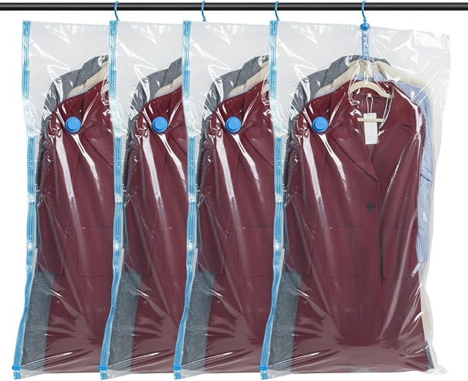Spacesaver Hanging Vacuum Storage Bags (Pack of 4) - Vacuum Sealer Bags, Closet Organizer, Sealed Storage, Space Bag - Blanket, Bedding, Garment, Clothing, Dress, Suit, Long Coat, Jacket