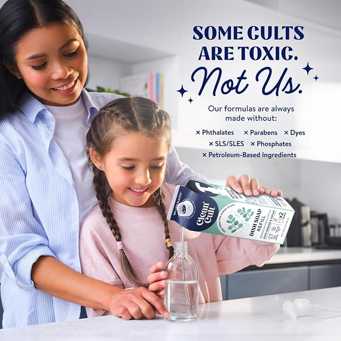 Cleancult Dish Soap Liquid Refills - Plant Based Cleaning Power - Cuts Grease & Grime - Free of Harsh Chemicals - Uses 90% Less Plastic - Mountain Eucalyptus - 32 oz/3 Pack