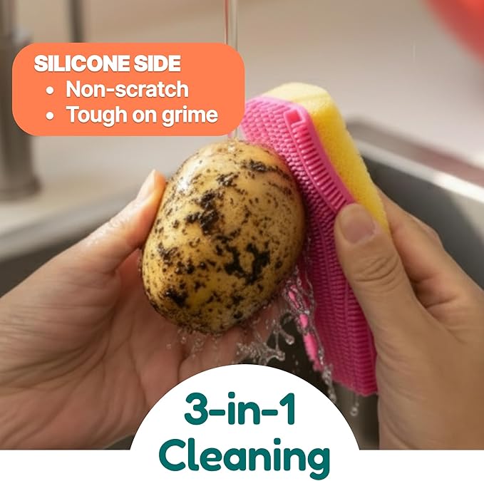 3-in-1 Silicone Scrubber Sponge with Squeegee – Non-Scratch Kitchen Sponge for Dishes, Sink & Bathroom, Quick-Dry, Reusable Cleaning Tool (Pink)