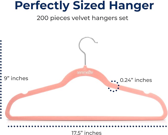 SereneLife 200 Pack Velvet Hangers - Non-Slip Felt Hangers with 360° Swivel Hook, Space-Saving, Ultra-Thin, Lightweight for Shirts, Sweaters, Hoodies, Kids Clothes & Dresses