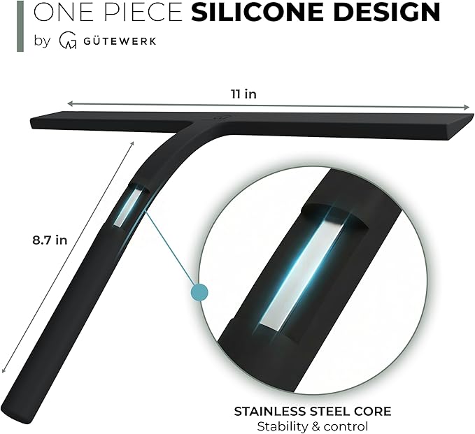 GÜTEWERK Silicone Shower Squeegee for Glass Doors & Mirrors with Stainless Steel Core, Streak-Free & No-Squeak Window Cleaning, 3-in-1 No-Drill Mount (Hook/Suction/Adhesive),Black, 11 Inches