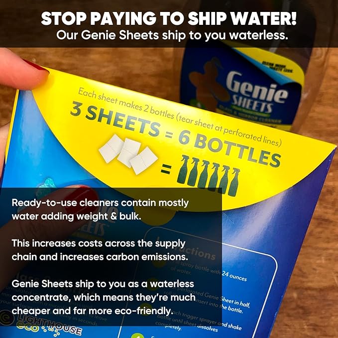 Genie Sheets Glass & Mirror Cleaner | Concentrate Makes 6 24oz Refills | Professional-Strength | Just Add Water | Sustainable Eco-Friendly Plant-Based Solution | 6 Sheets