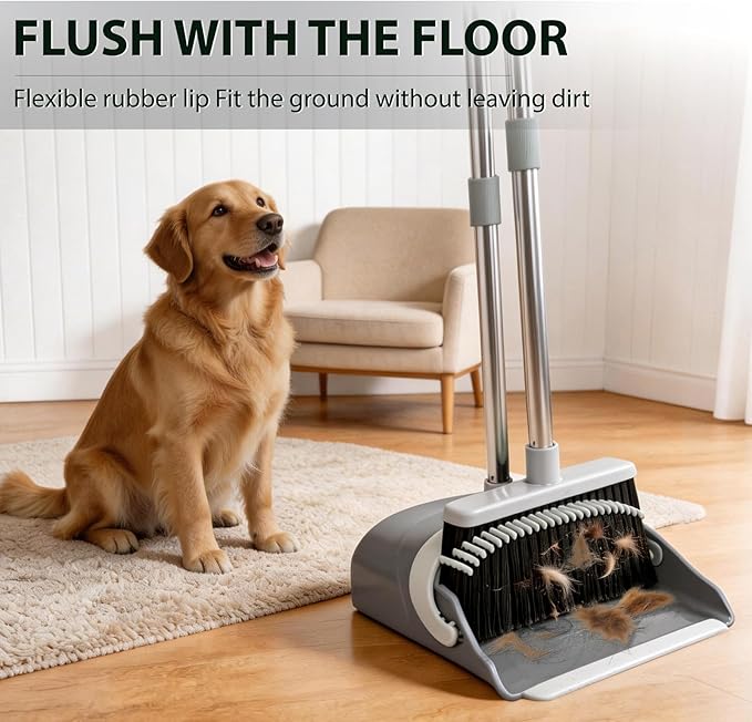 YZO Broom with Dustpan Combo Set, 54.33 Inch Long Handle Standing Design, Dustpan Front Rubber Tight Seal, Broom with 5 Layer Bristles, Suitable for Bedroom, Yard, Office and Apartment(Gray&Black)