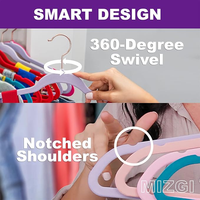MIZGI Premium Velvet Hangers (60 Pack) Heavy Duty - Non Slip Felt Hangers - Velvet Suit Hanger White - Rose Gold Hooks,Space Saving Clothes Hanger